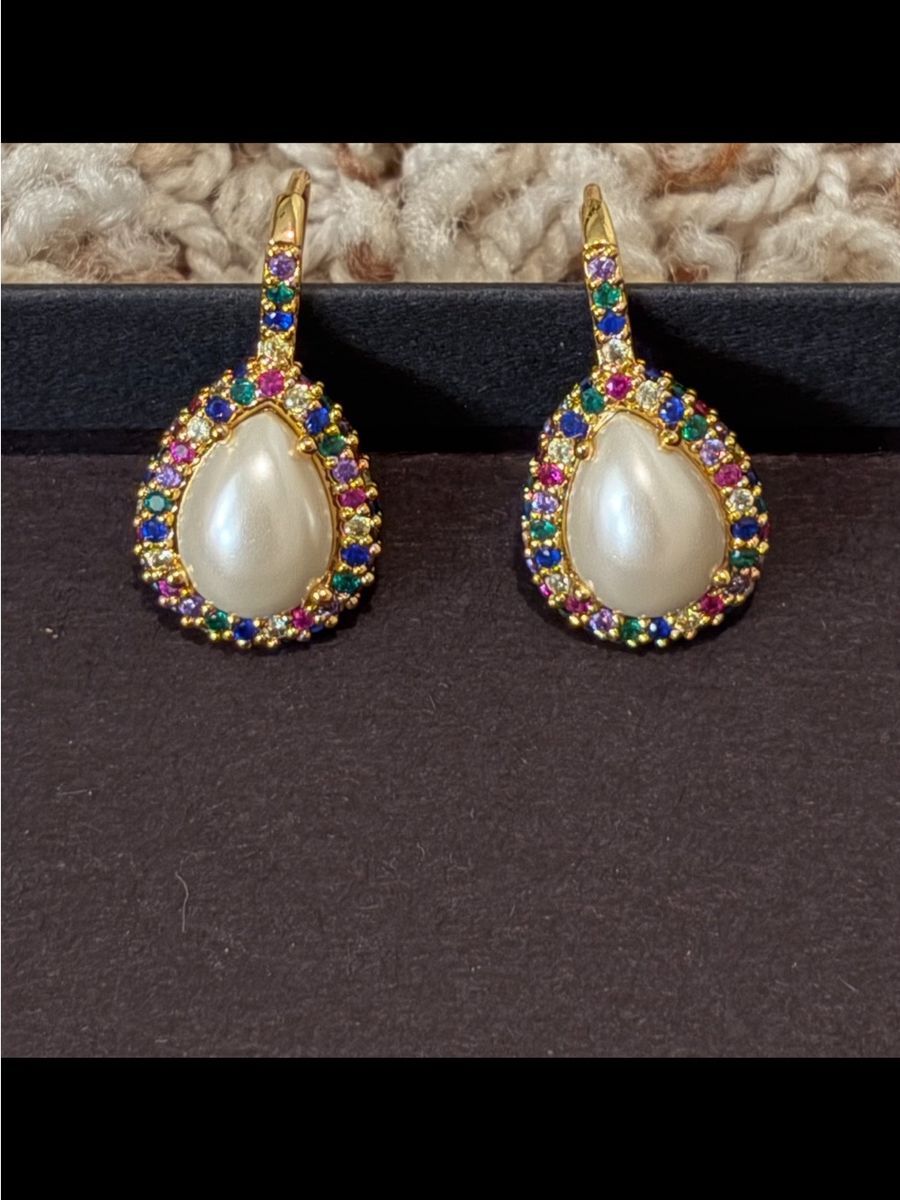 Kate Spade Gold Pearl Teardrop Earrings with Multicolor Stones